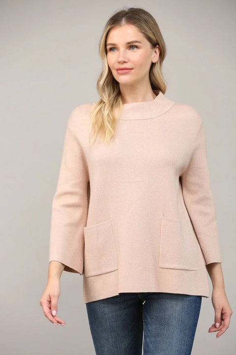 Glitter Yarn Front Pocket Detail Mock Neck Sweater - Rose Gold
