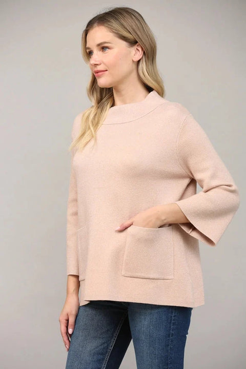 Glitter Yarn Front Pocket Detail Mock Neck Sweater - Rose Gold