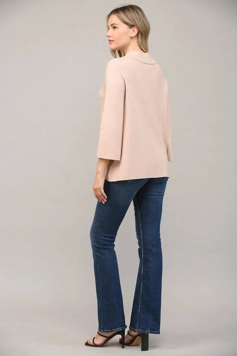 Glitter Yarn Front Pocket Detail Mock Neck Sweater - Rose Gold
