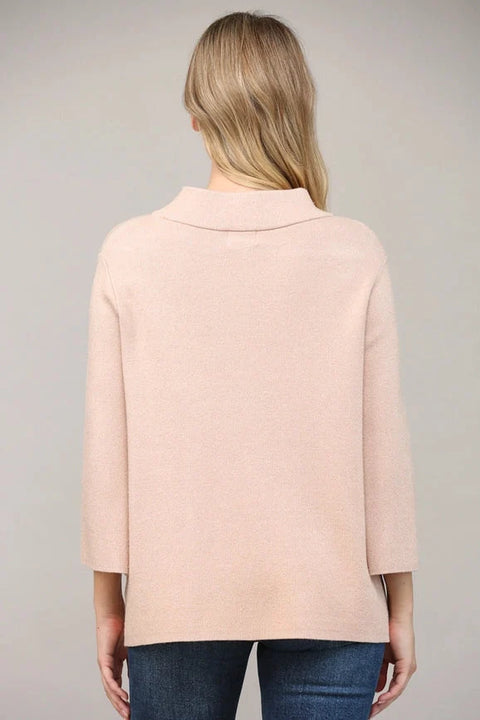 Glitter Yarn Front Pocket Detail Mock Neck Sweater - Rose Gold