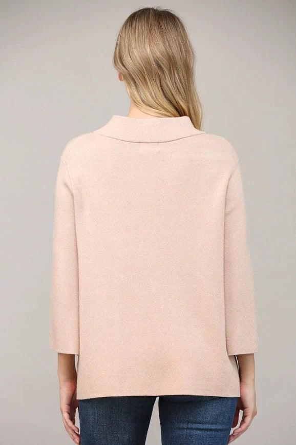 Glitter Yarn Front Pocket Detail Mock Neck Sweater - Rose Gold