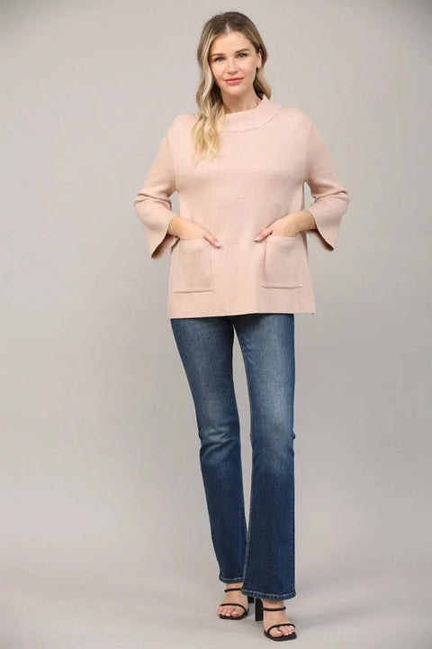 Glitter Yarn Front Pocket Detail Mock Neck Sweater - Rose Gold