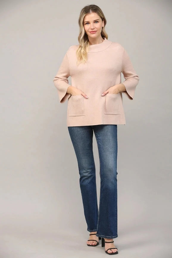 Glitter Yarn Front Pocket Detail Mock Neck Sweater - Rose Gold