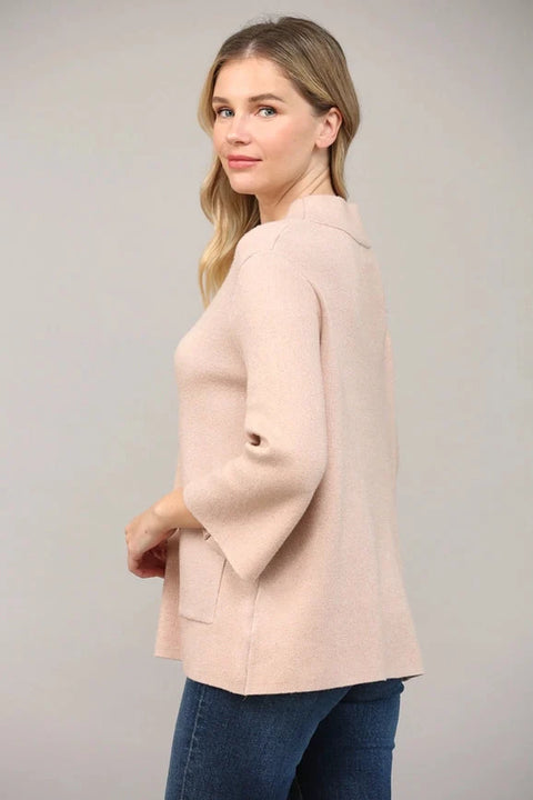 Glitter Yarn Front Pocket Detail Mock Neck Sweater - Rose Gold