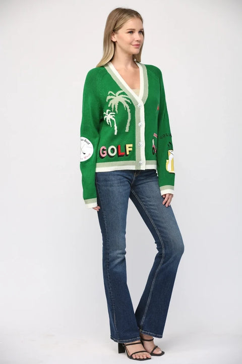 Golf Embroidered Patch Cardigan - GREEN
