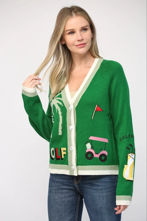 Golf Embroidered Patch Cardigan - GREEN