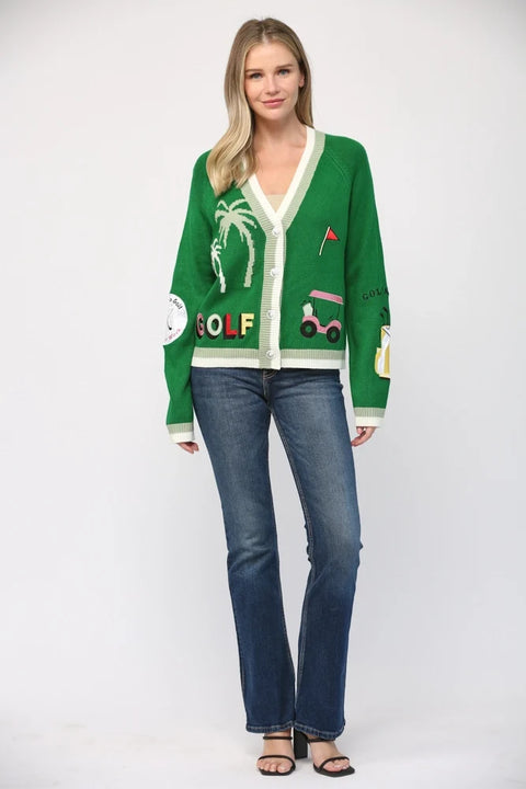 Golf Embroidered Patch Cardigan - GREEN