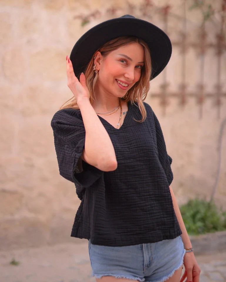 Green Double Gauze Cotton Top Black