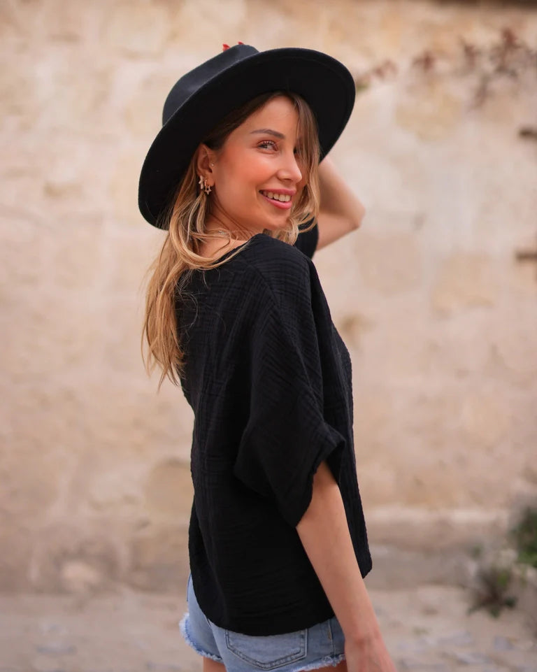 Green Double Gauze Cotton Top Black