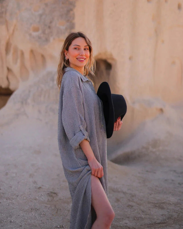 Grey Striped Double Gauze Muslin Cotton Shirt Dress