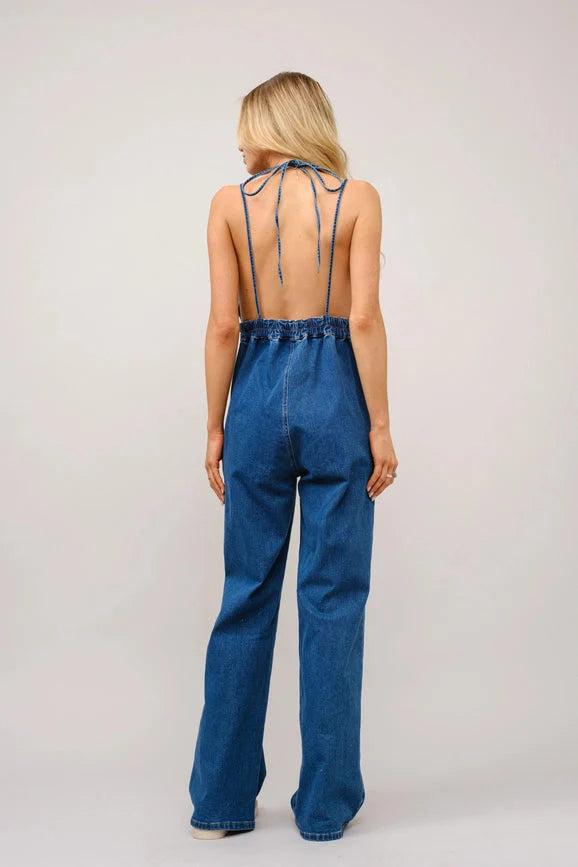 Halter Tie Back Plunge V Denim Jumpsuit