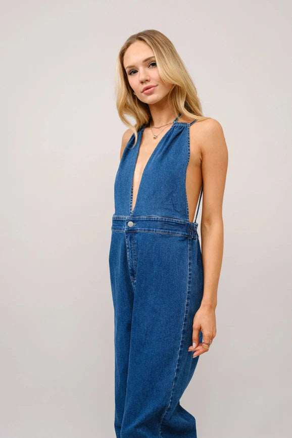 Halter Tie Back Plunge V Denim Jumpsuit