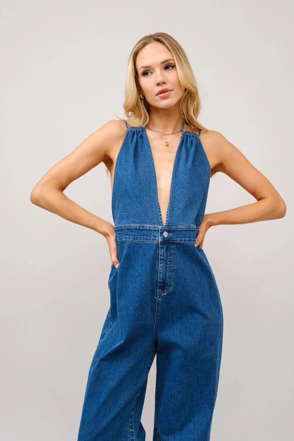 Halter Tie Back Plunge V Denim Jumpsuit