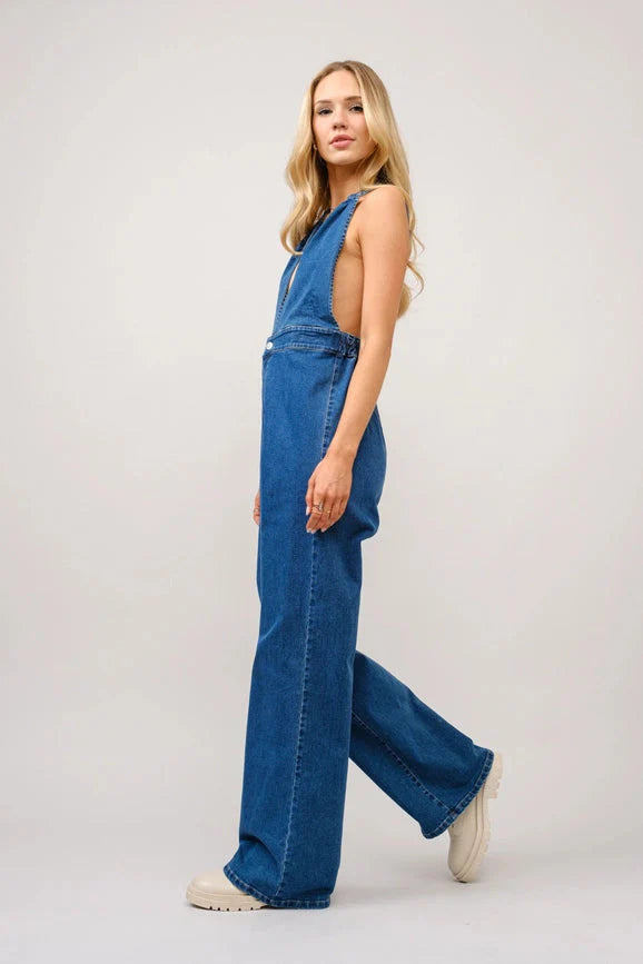 Halter Tie Back Plunge V Denim Jumpsuit
