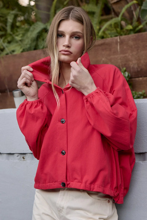 High Neck Button-Up Jacket - Red