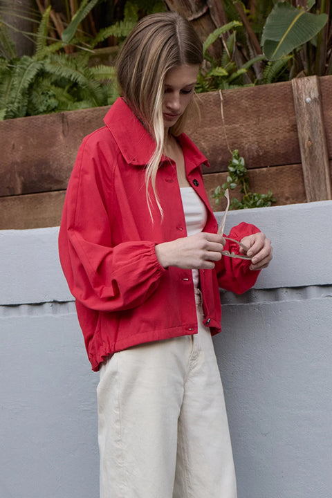 High Neck Button-Up Jacket - Red