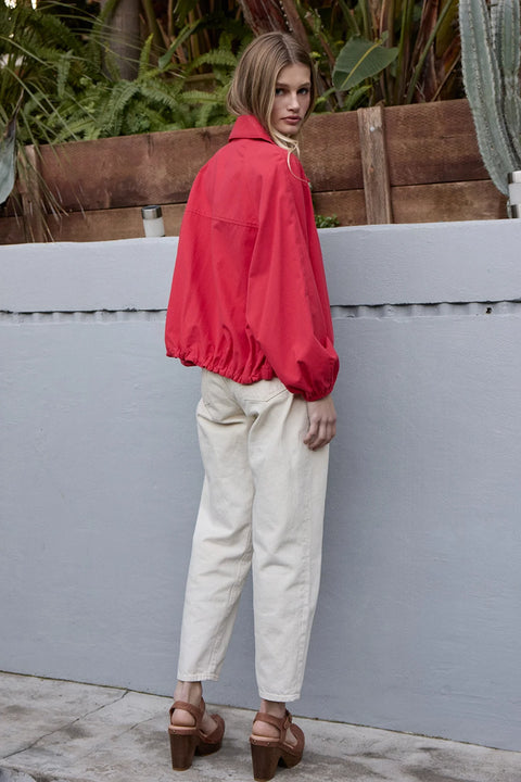 High Neck Button-Up Jacket - Red