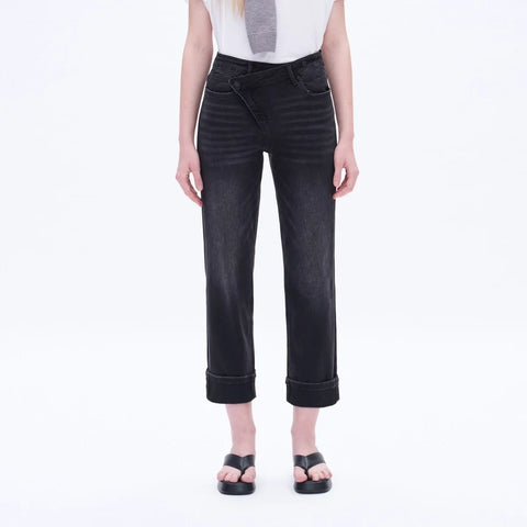 High Rise Mom Jeans with Rolled Hem IRON BLACK