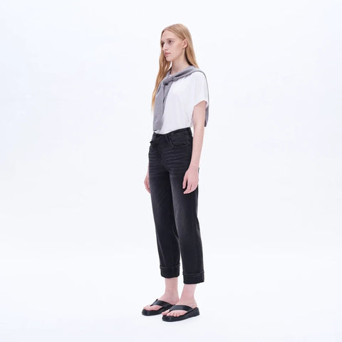 High Rise Mom Jeans with Rolled Hem IRON BLACK