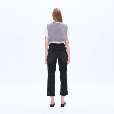 High Rise Mom Jeans with Rolled Hem IRON BLACK
