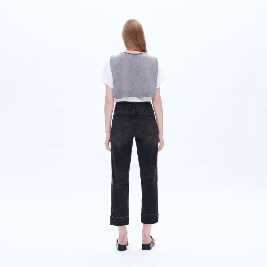 High Rise Mom Jeans with Rolled Hem IRON BLACK