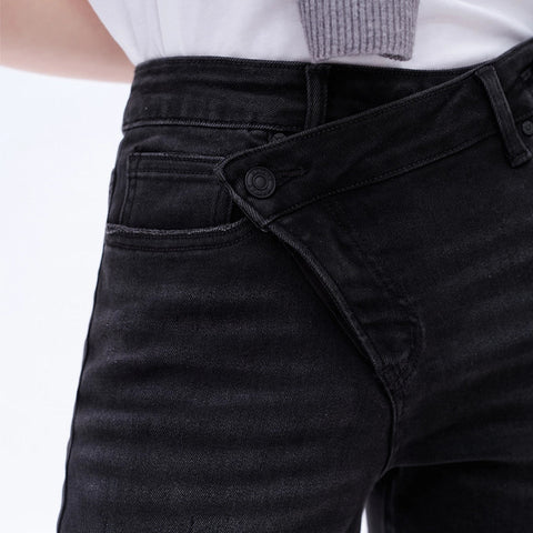 High Rise Mom Jeans with Rolled Hem IRON BLACK