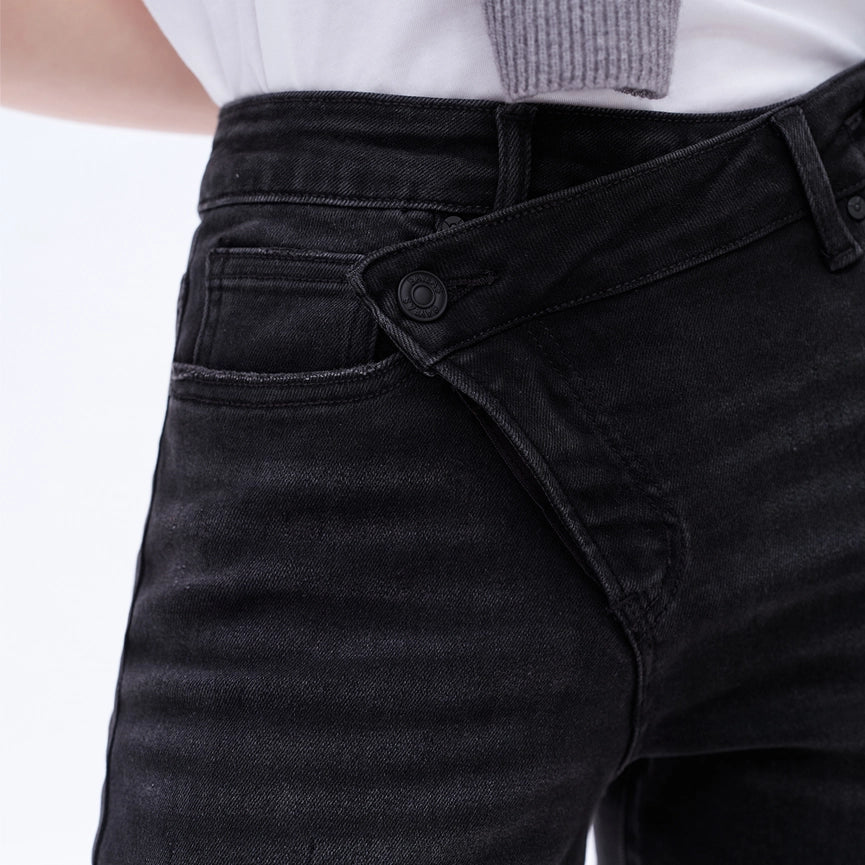 High Rise Mom Jeans with Rolled Hem IRON BLACK