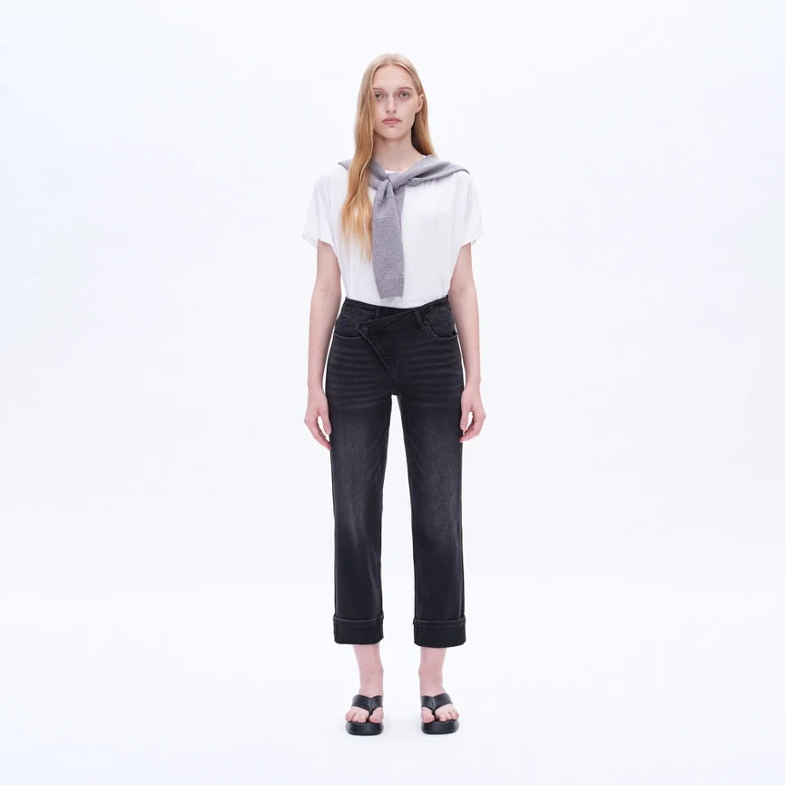 High Rise Mom Jeans with Rolled Hem IRON BLACK