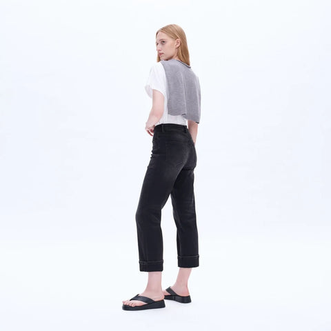 High Rise Mom Jeans with Rolled Hem IRON BLACK
