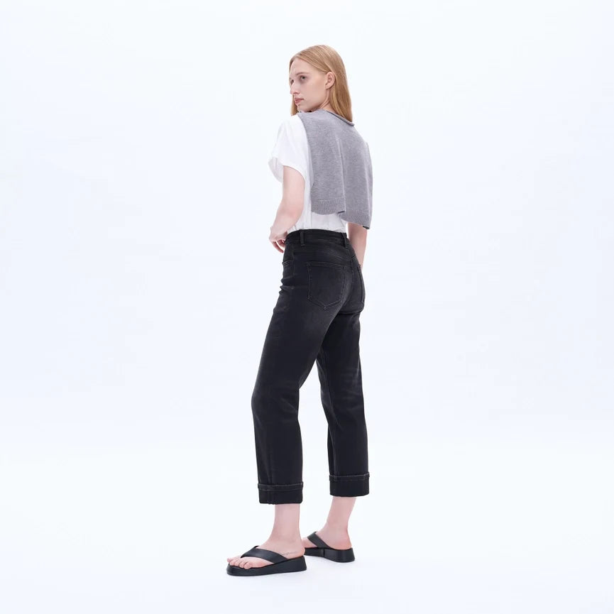 High Rise Mom Jeans with Rolled Hem IRON BLACK