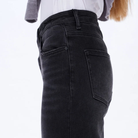 High Rise Mom Jeans with Rolled Hem IRON BLACK