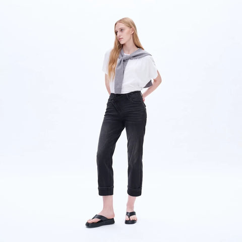 High Rise Mom Jeans with Rolled Hem IRON BLACK