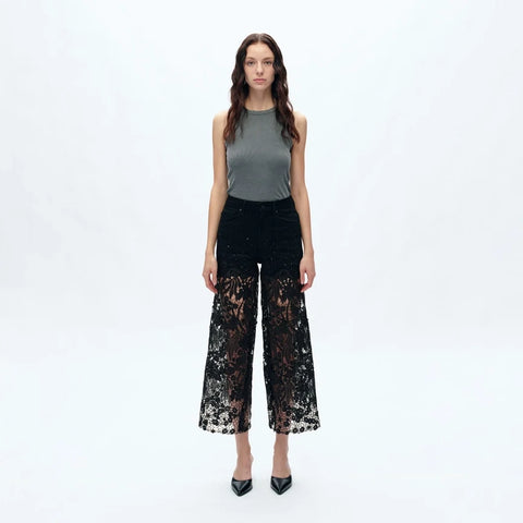 High Rise Wide Leg Jeans with Lace Spliced BLACK