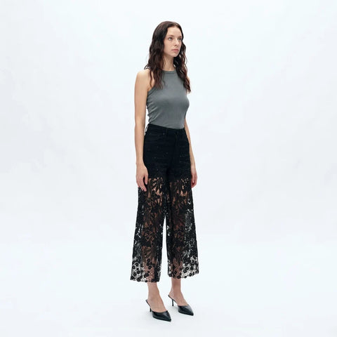 High Rise Wide Leg Jeans with Lace Spliced BLACK