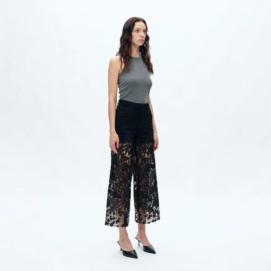 High Rise Wide Leg Jeans with Lace Spliced BLACK