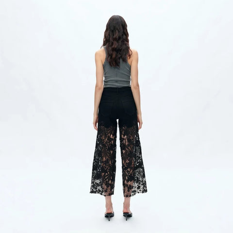 High Rise Wide Leg Jeans with Lace Spliced BLACK