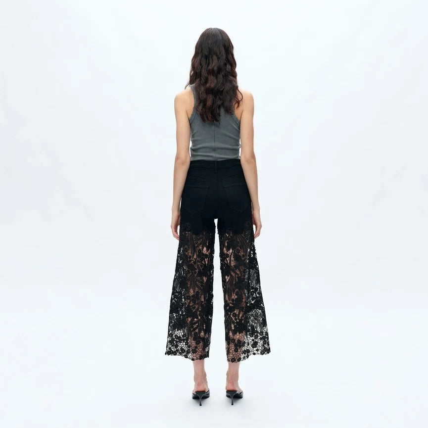 High Rise Wide Leg Jeans with Lace Spliced BLACK