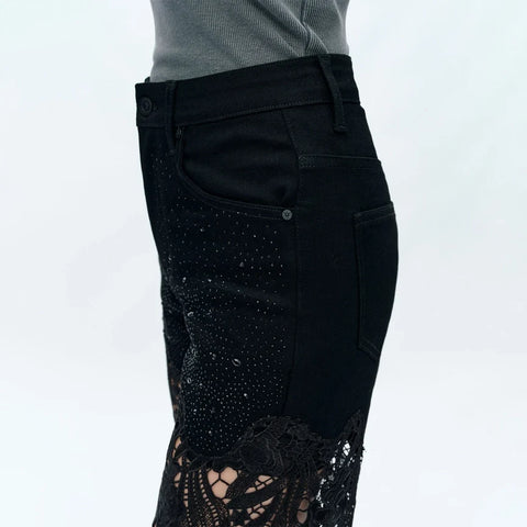 High Rise Wide Leg Jeans with Lace Spliced BLACK