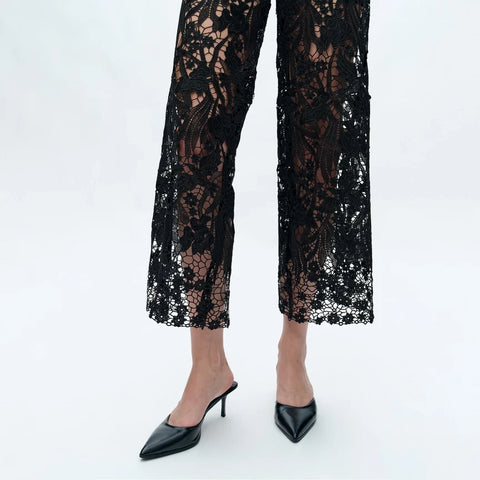 High Rise Wide Leg Jeans with Lace Spliced BLACK