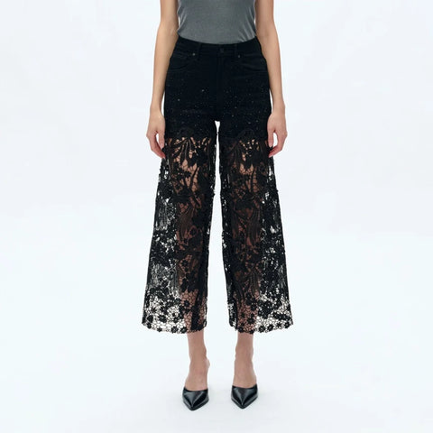 High Rise Wide Leg Jeans with Lace Spliced BLACK