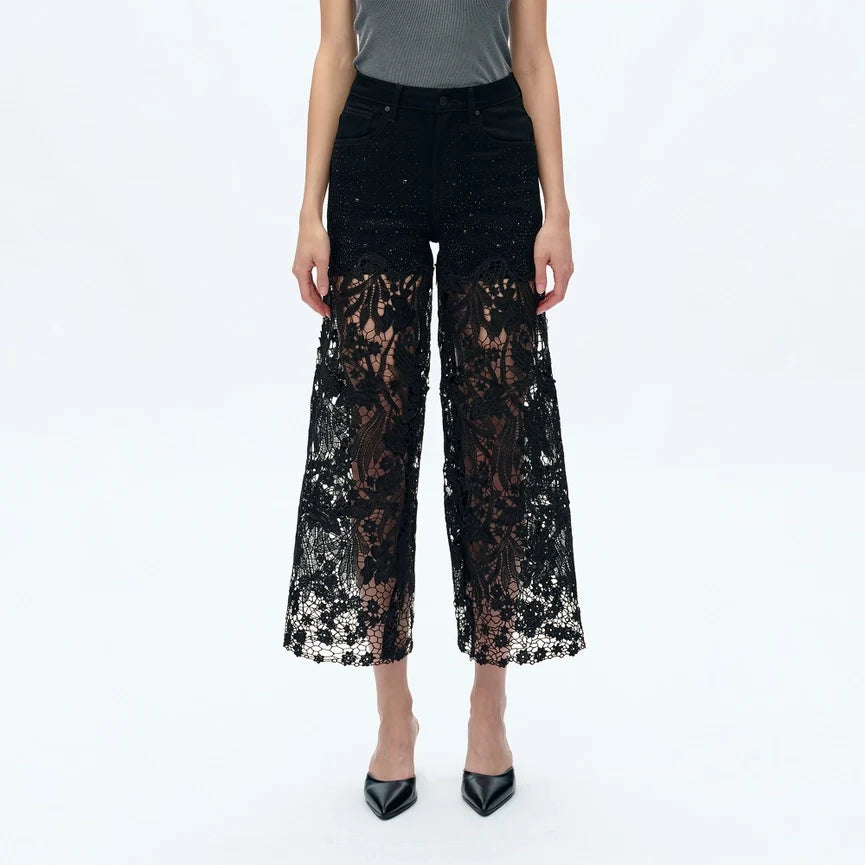 High Rise Wide Leg Jeans with Lace Spliced BLACK