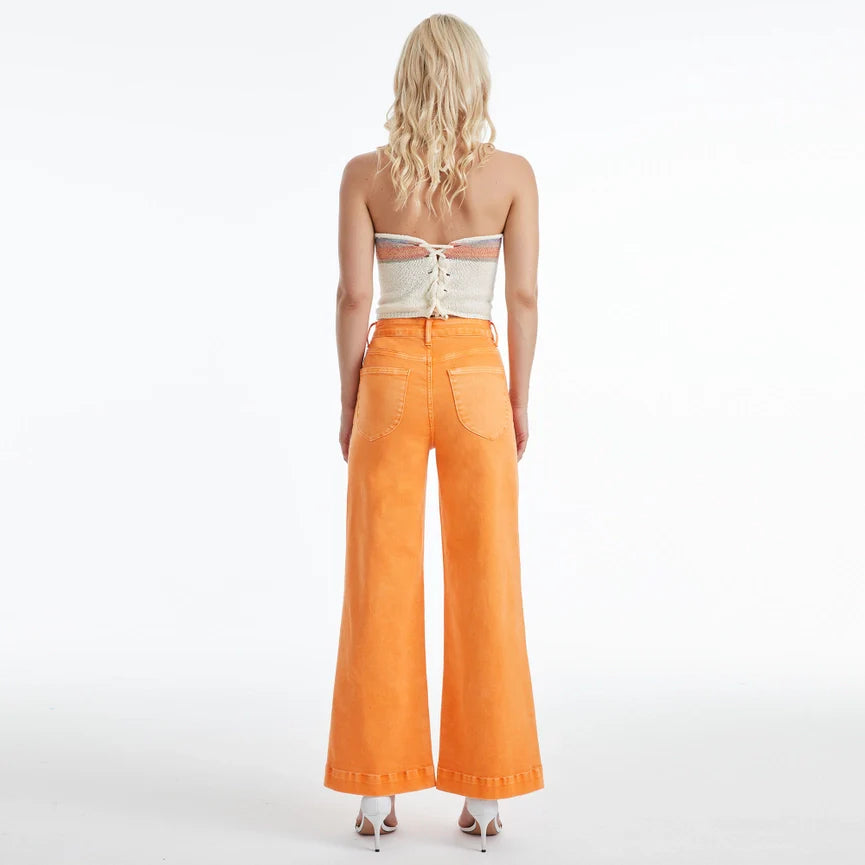 High Rise Wide Leg Twill Pants with Finished Hem TANGELO