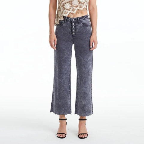 High Rise Wide Leg Twill Pants(Raw Hem,Button Fly) GRAPHITE