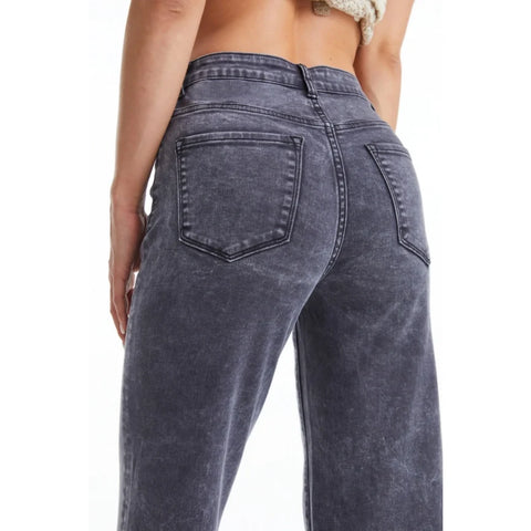 High Rise Wide Leg Twill Pants(Raw Hem,Button Fly) GRAPHITE