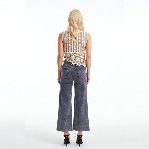 High Rise Wide Leg Twill Pants(Raw Hem,Button Fly) GRAPHITE