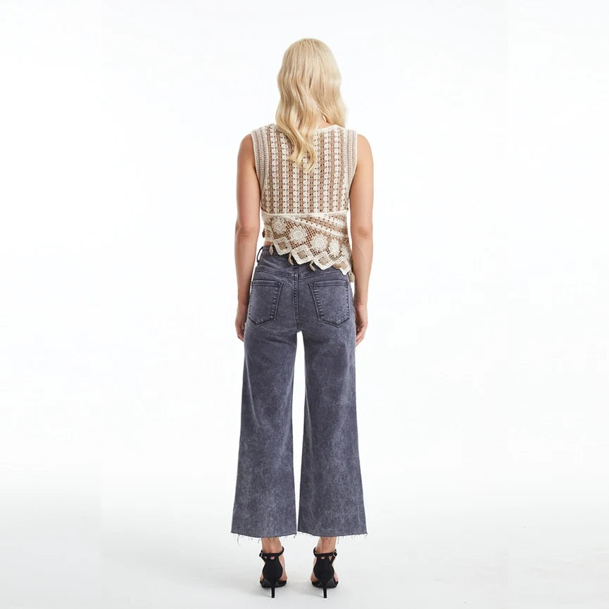 High Rise Wide Leg Twill Pants(Raw Hem,Button Fly) GRAPHITE