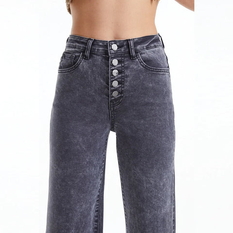 High Rise Wide Leg Twill Pants(Raw Hem,Button Fly) GRAPHITE