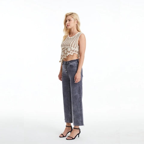 High Rise Wide Leg Twill Pants(Raw Hem,Button Fly) GRAPHITE