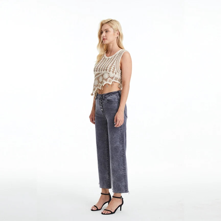 High Rise Wide Leg Twill Pants(Raw Hem,Button Fly) GRAPHITE
