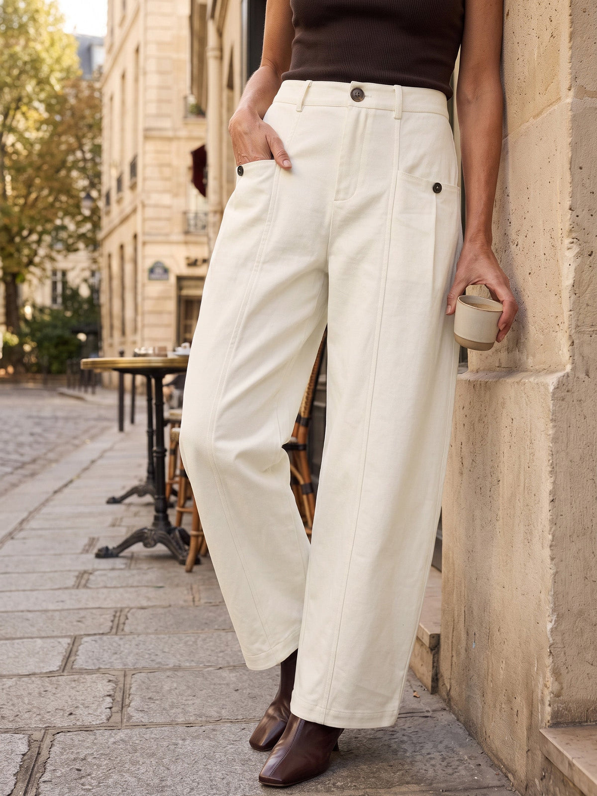 Cotton Mid Waist Curved Leg Pants LORENA